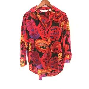 Vintage Brett Harrison 100% Silk Blouse Large Hotel Luggage Tag Travel Print 80s